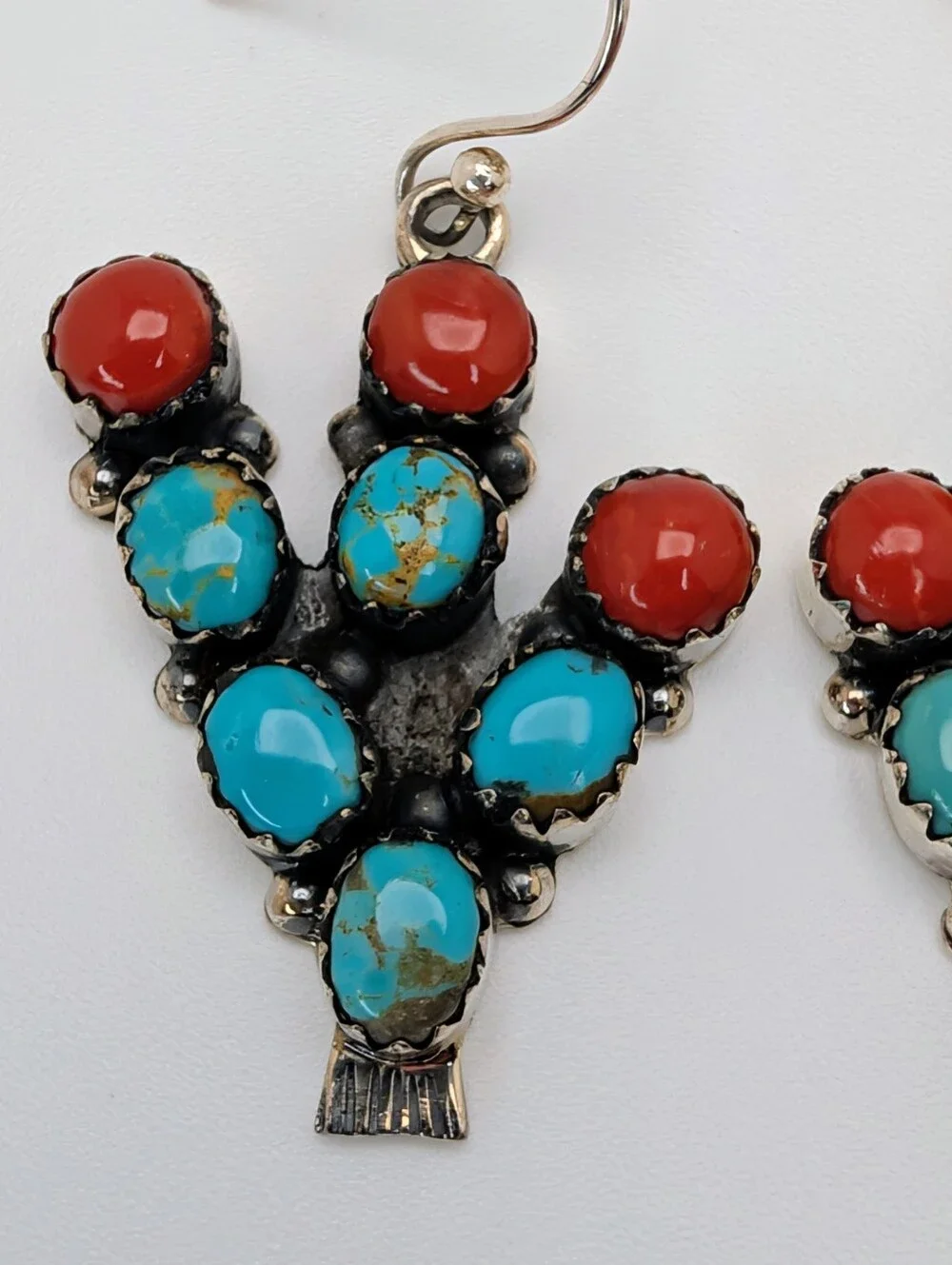 Kingman Turquoise & Coral S925 Sterling Silver Cactus Dangle Earrings